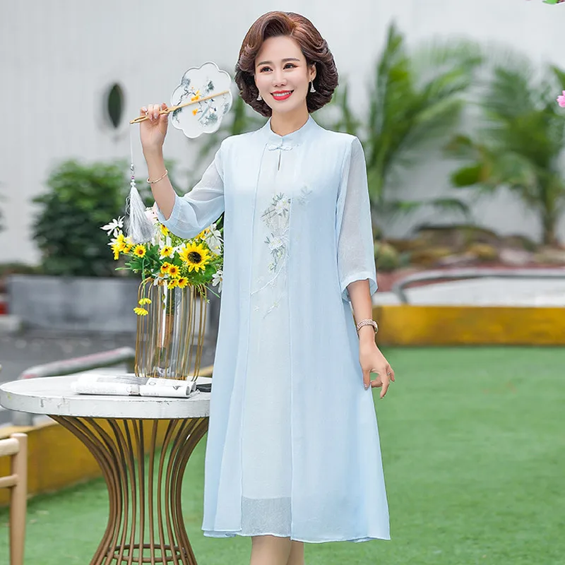 Vestido de Duas Festa de Casamento do Vintage Vestido de Mãe Falso Peças Feminino Verão Floral Impressão Melhorada Cheongsam Vestido Vestidos 2022 4 Online shopping
