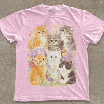Retro Kitten Shirt, Retro Floral Cat T-shirt, Pastoral Style Gift T-shirt for Cat Lovers Aesthetic Cute Clothing, Harajuku Style 1