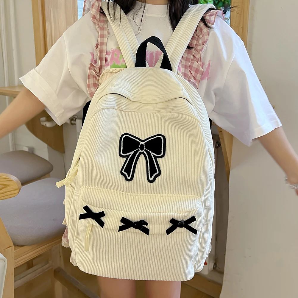 Cute Bowknot Aesthetic Backpack Black Corduroy School Bag for