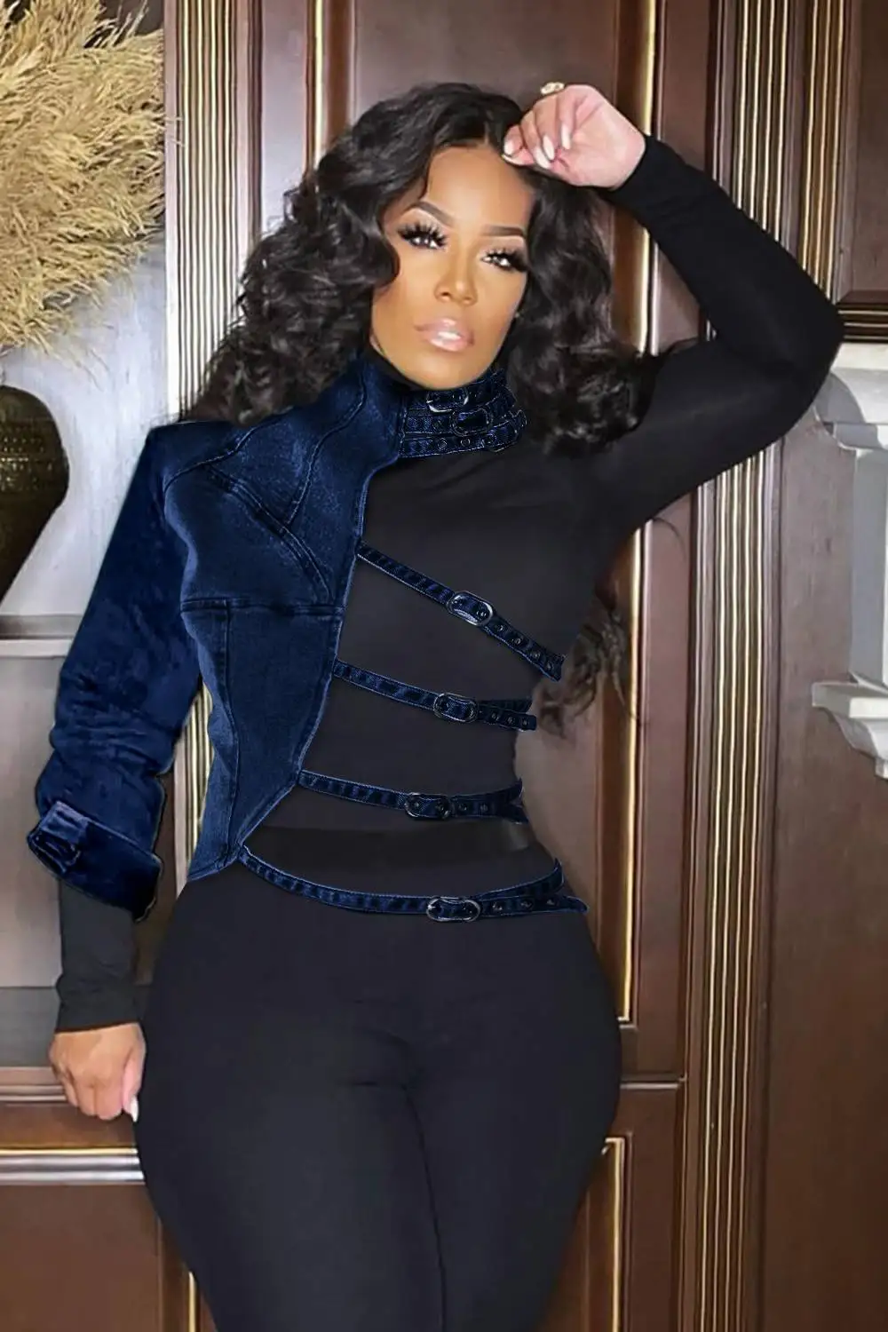 Fashion Novelty Denim Jackets One Shoulder Sexy Casual Streetwear Plus Size Blue Denim Bra Jacket Outwear Tops-ONLY DENIM PART