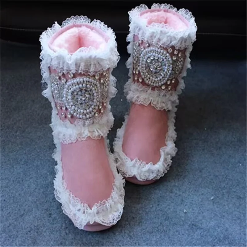 

Lace pearl rhindiamonds winter warm boots with velvet classic hand custom mid-calf boots women's 35-40