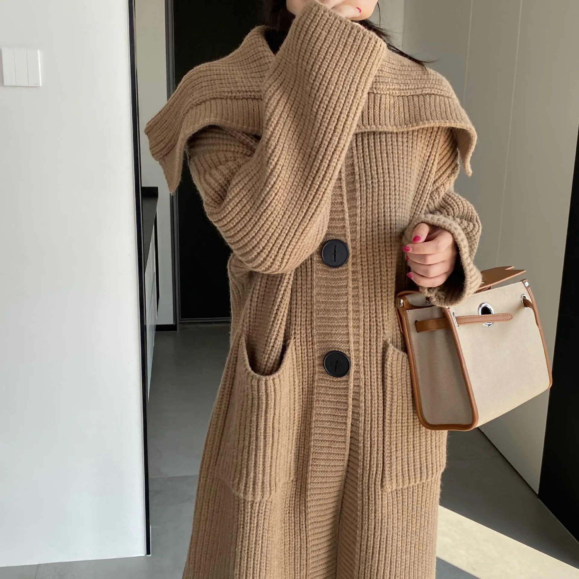 

SuperAen 2023 Autumn Winter Women's Sweater Coat Lapel Solid Button Sweater Cardigan Coat