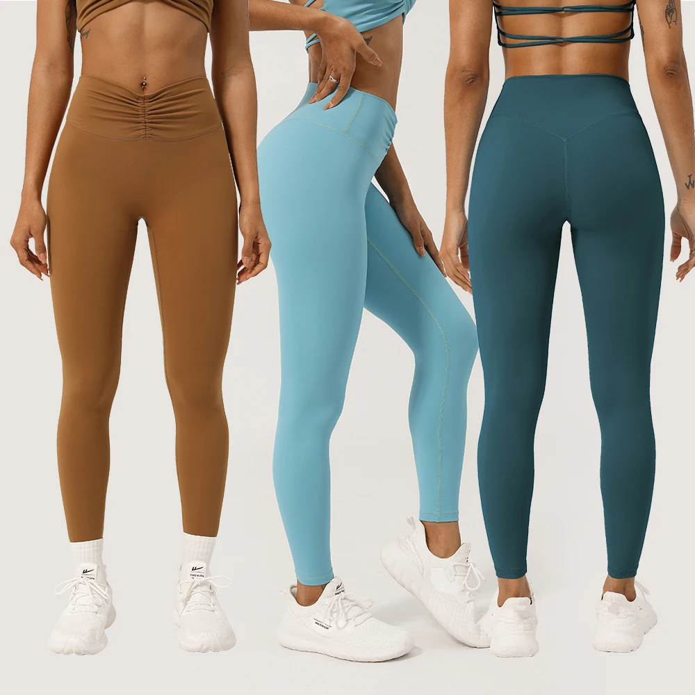 Wrinkled Waist Tightening Sports Leggings Lifting Buttocks No T-line Yoga Cropped Pants Fitness Gym Solid Color Workout Tights sports leggings,yoga pants,female tights