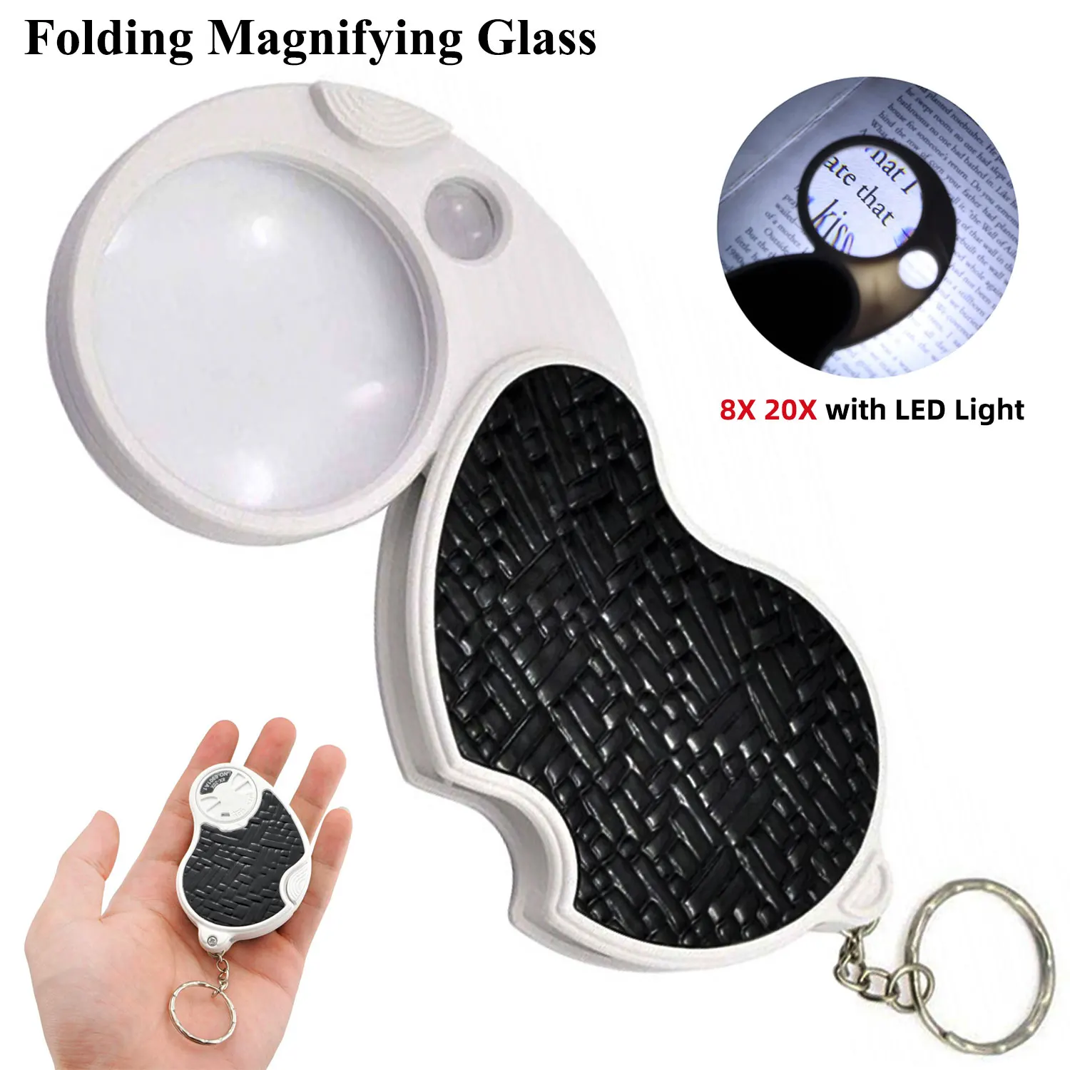 Mini 8X 20X Folding Magnifying Glass with LED Light Dual Lens Pocket Magnifier Keychain Coins Jewelry Loupe for Seniors Reading