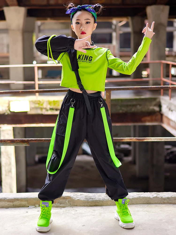 Costume de danse hip-hop pour enfants, vert fluo, vêtements de spectacle de  danse jazz pour