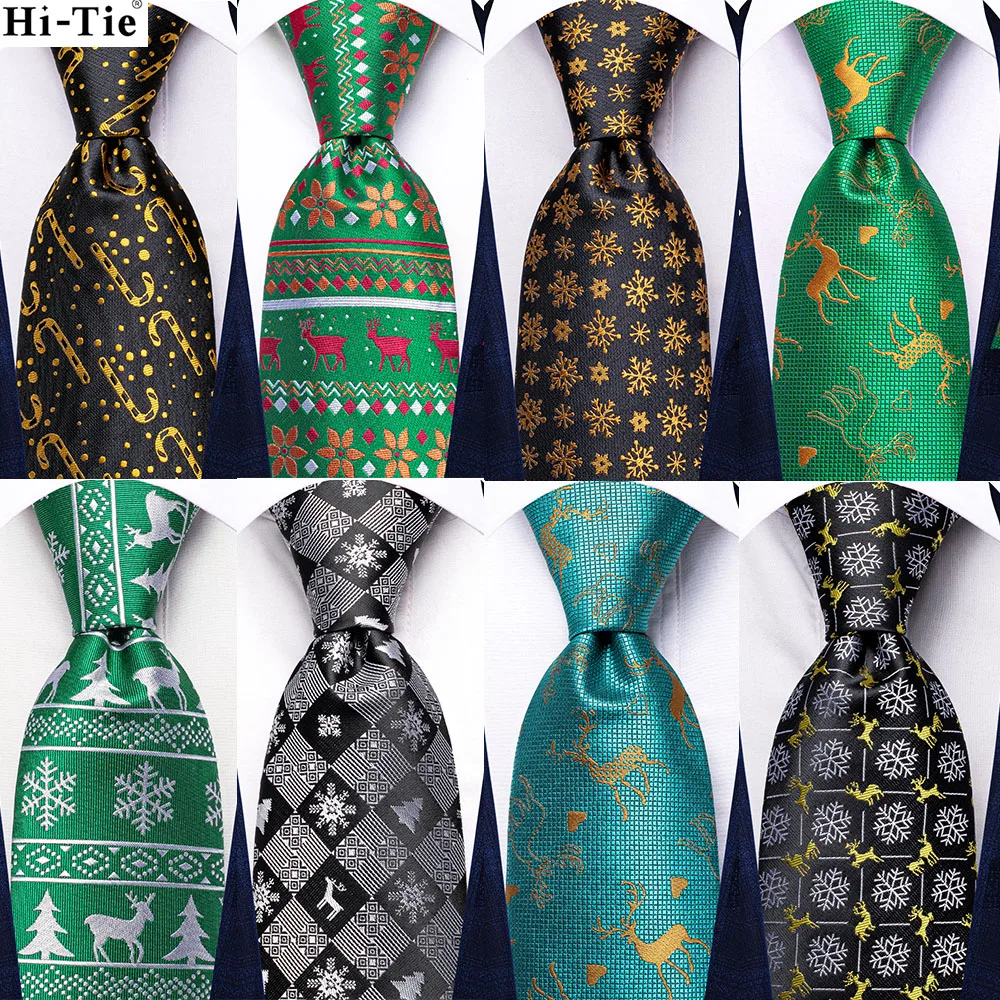 

Hi-Tie Designer Green Black Gold New Silk Christmas Tie For Men Gift Mens Necktie Handky Cufflink Set Fashion Party Dropshiping