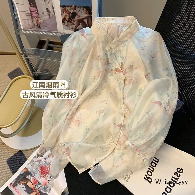 

New Chinese Style Shirt Female Spring Autumn Thin Loose Improved Elegance Floral Chiffon Bubble Sleeve Modern Fashion Qipao Top