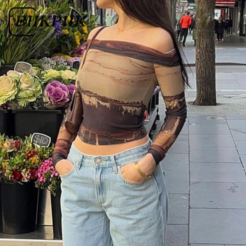 

BIIKPIIK Printed Slash Neck T-shirts for Women Casual Mesh Contrast Color Long Sleeve Tees Autumn Sexy Skinny Crop Tops Fashion