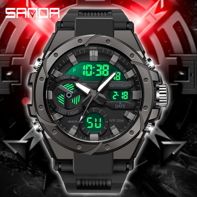 

SANDA 3313 Student Fashion Trend Military Style Men's Multifunctional Outdoor Waterproof Electronic Watch Digital Wristwatches