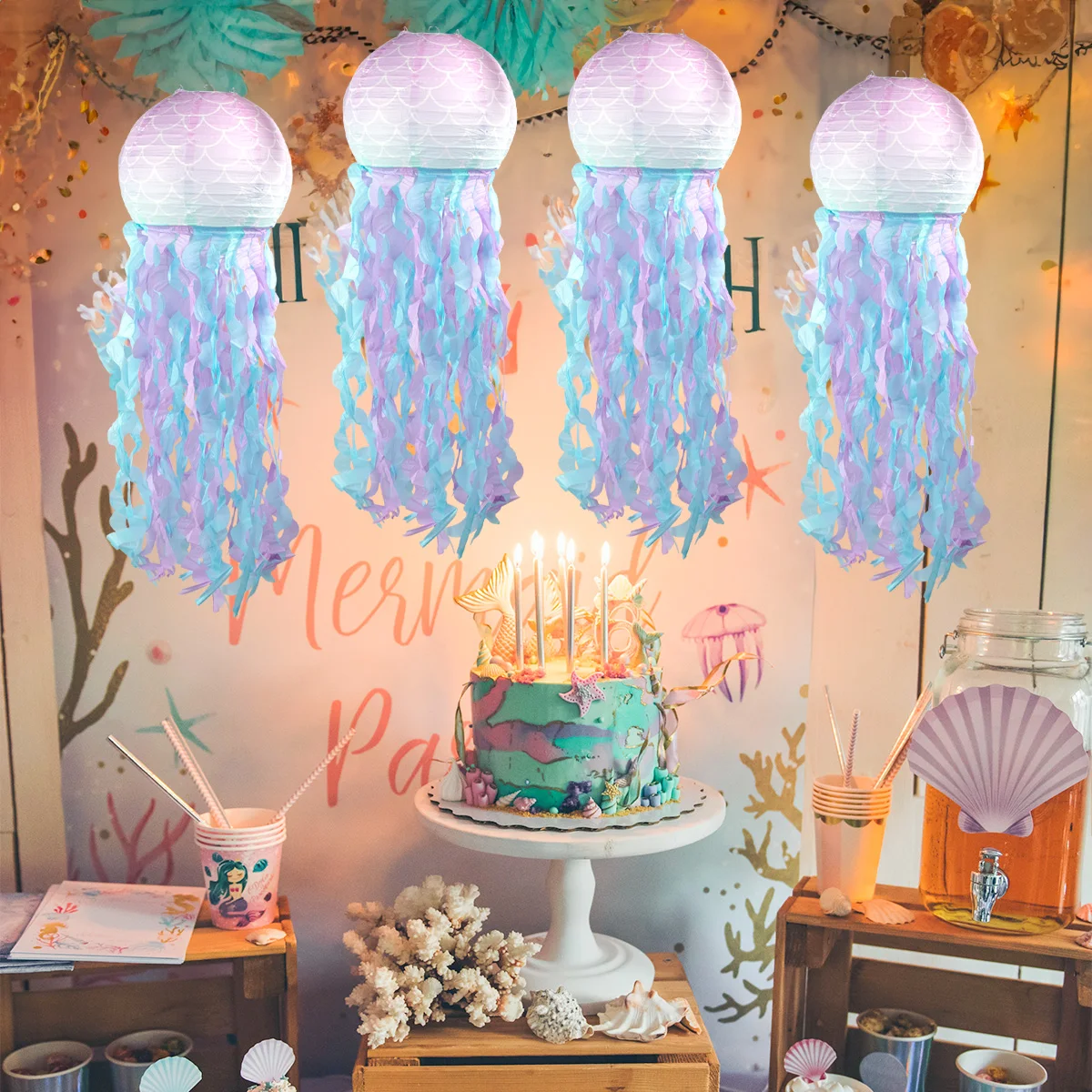 8 lanterne di carta per meduse, decorazione di compleanno, meduse, lanterne di carta, meduse, lanterne a forma di sirena, per oceano, tema, feste, sotto il mare, compleanno, matrimonio, colore blu
