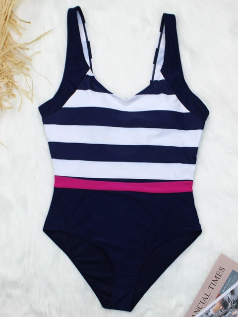 maillot de bain gainant ventre plat  rayé pour femmes, classique – Image 3