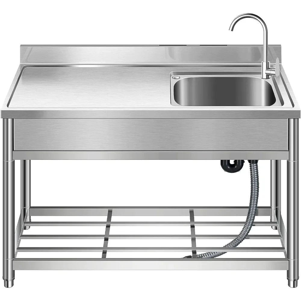 

Stainless Steel Single Bowl with Faucet and Drainage Plate, Workbench and Storage Rack, Indoor and Outdoor (47 Inches)