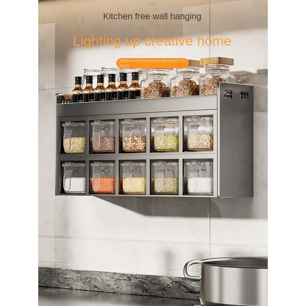 

Kitchen spice box, household stainless steel shelf, wall hanging, non-perforation, multi-functional condiment rack combo set