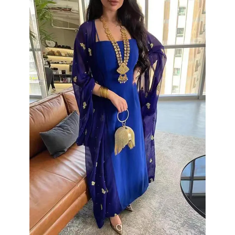 

Muslim Dress For Ramadan Gurban Dubai Arab Two Piece Set Middle East Turkey Slash-Neck Elegant Long Dress Fashion Abaya Clothing