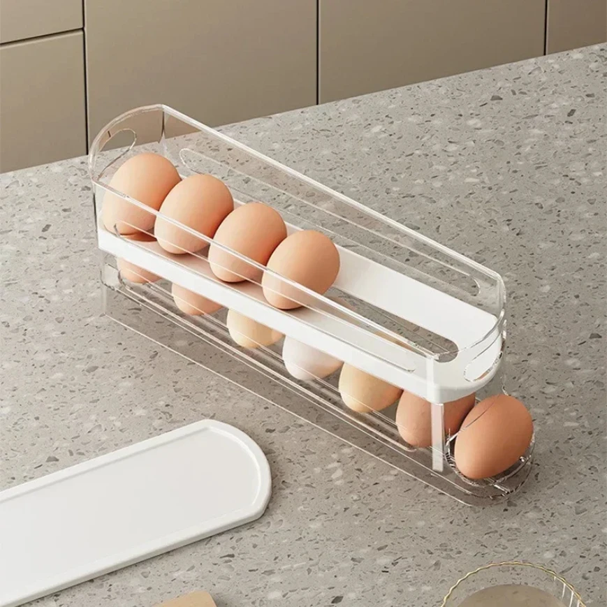 Bilayer fridge egg storage box Automatic rolling ladder style dispenser Organizer