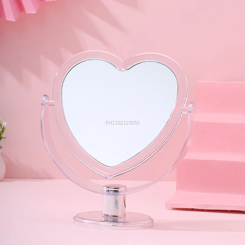 INS Korean Style Heart Shaped Cosmetic Mirror Acrylic Transparent Base Makeup Mirror Double Side Home Bedroom Desktop
