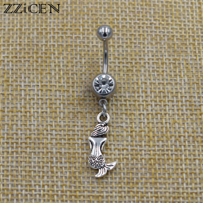 New Elegant Belly Button Rings Dangle Mermaid Pendant Crystal Body