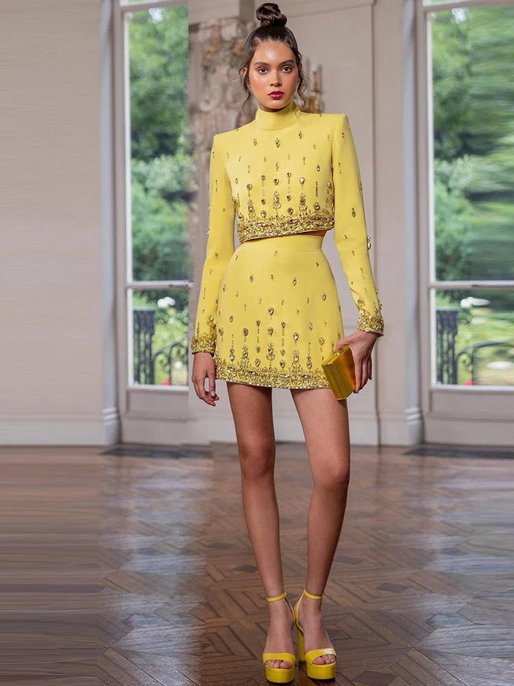 

2023 Designer HIGH STREET Newest Runway Suit Set Women's Stand Collar Zip Back Cropped Tops Mini Skirt Set 2pcs