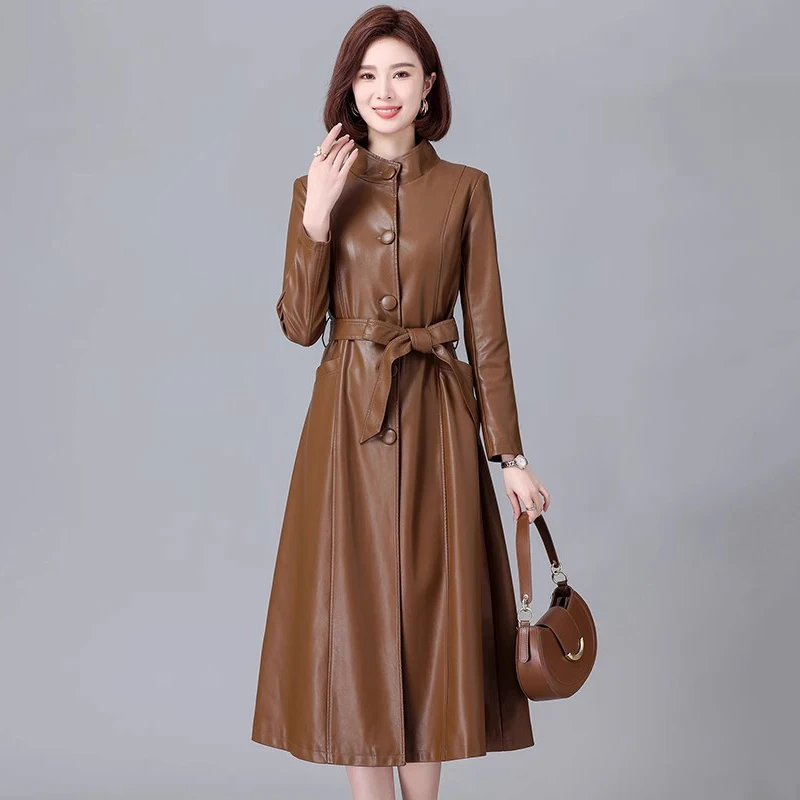 New Women Stand Collar Leather Coat Autumn Winter Fashion Classic Single Breasted Lace-up Slim Long Trench Coat Split Leather