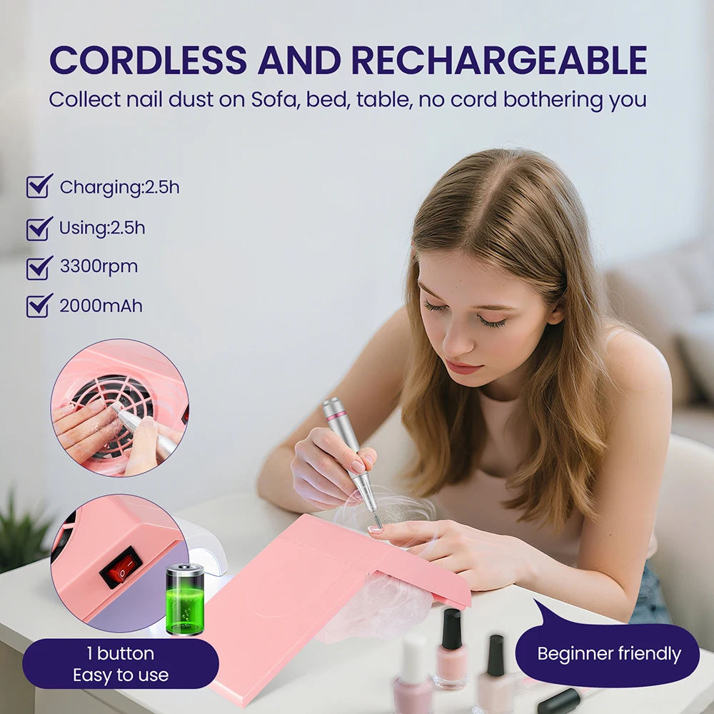 Nail Dust Collector Wireless Foldable Nail Dust Extractor Mini Rechargeable Nail Vacuum Cleaner Fan Nail Art Manicure Machine