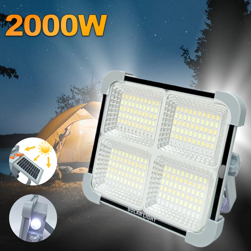 

New Upgraded 2000W Outdoor Solar LED Camping Light with flashlight USB Rechargeable Tent Lamp Portable LED Reflector Spotlight