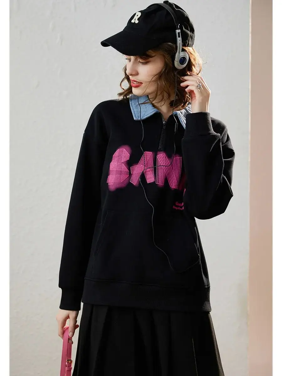 LOUIS YAO Women's Sweater 2023 Winter Plush and Thickened Sweater Spliced Denim Lapel Half Zipper Letter Printed Women's Top