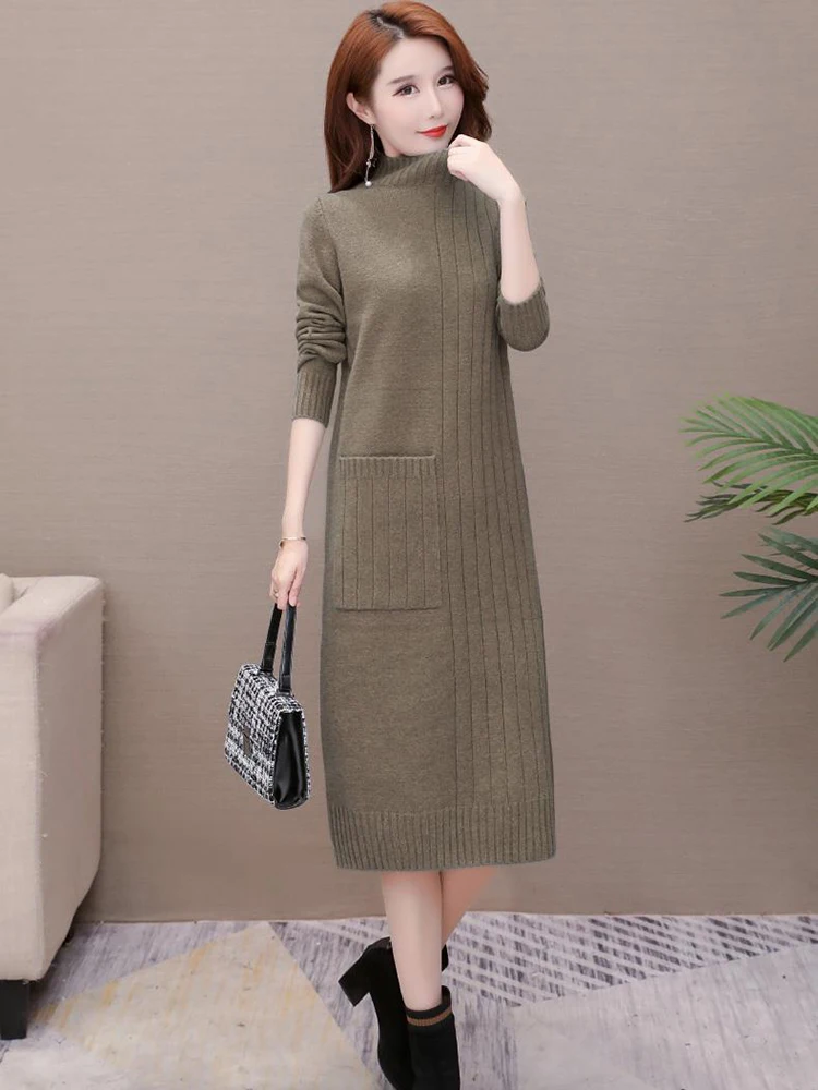 Elegant Thicken Soft Knitted Dress Loose Korean Half Turtleneck Knitwear Midi Dresses Casual Sweater Vestidos Women New Robe