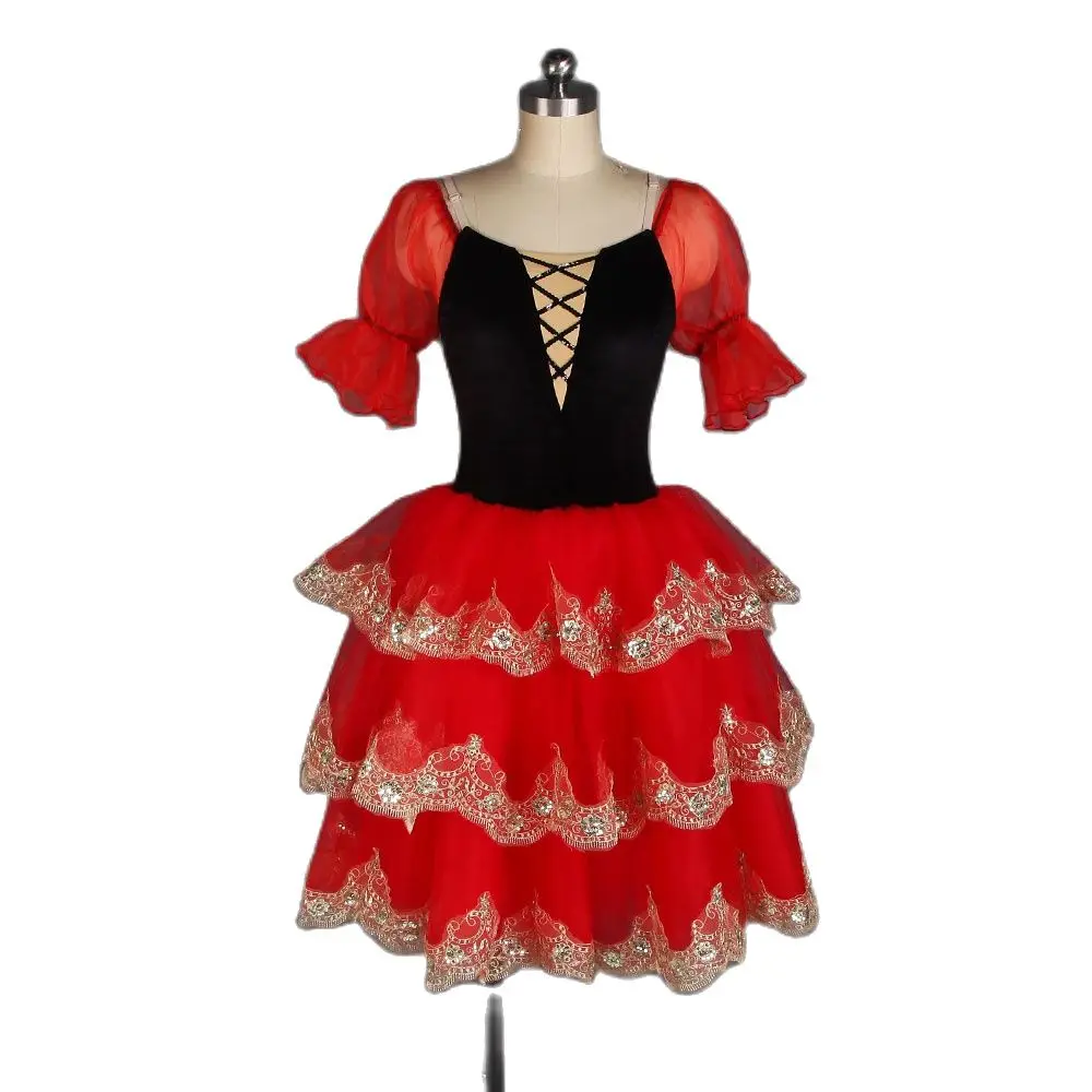 

20537 Long Ballet Dance Tutus Girls Ballerina Costume Velvet Bodice with 3 Tiered Romantic Tutu Skirts Women Red Spanish Dress
