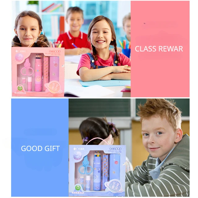 귀여운 디자인의 다양한 문구가 담긴 아동용 만화 문구 상자 세트