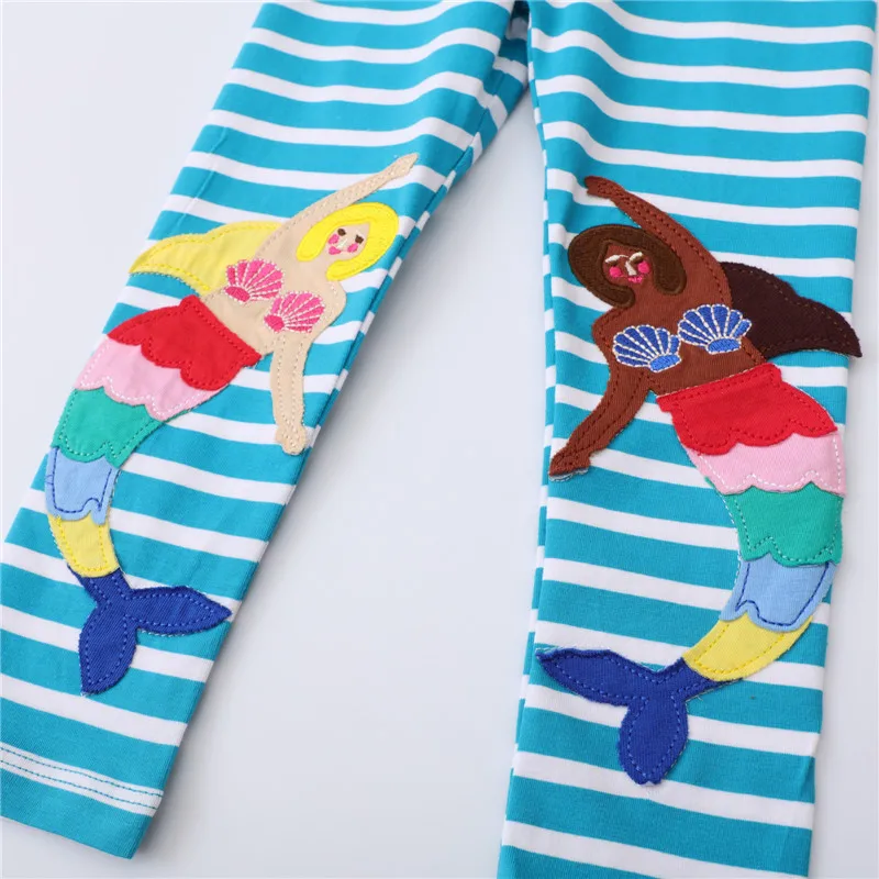 Jumping Meters Girls Blue Leggings Pants Mermaid Embroidery Autumn Spring Full Length Kids Trousers Stripe Toddler Pencil Pants