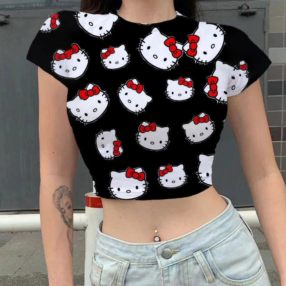 

Sexy Women Summer Hello Kitty 3d Print T-Shirts Patchwork Design Decor O-Neck Short Sleeve Lady Casual Slim Pullovers Top