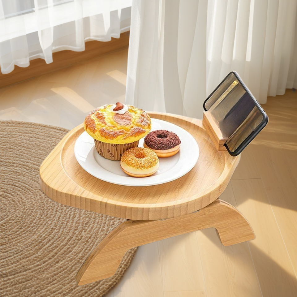 Foldable Couch Tray Wood Sofa Clip on Side Table for Wide Couches Arm Tray Clipon with Rotating Holder