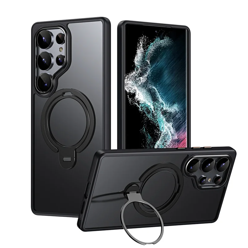 Transparent Magnetic Shockproof Phone Case with Rotating Bracket and MagSafe Compatibility
