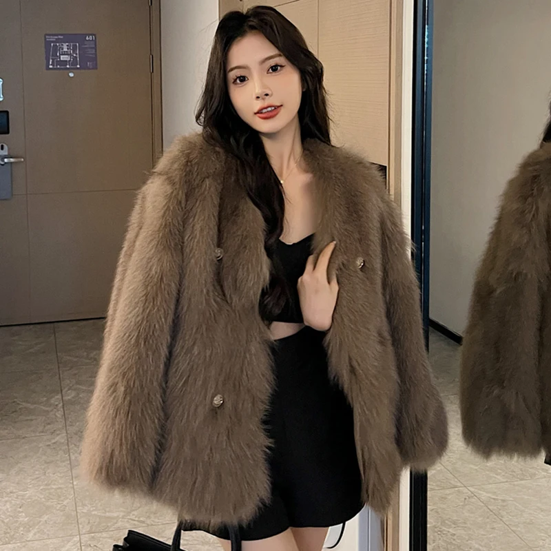Women Imitation Fox Fur Coat 2024 Korean Fashion Button Patchwork Midi-Length Outwear All-Match Loose Plush Winter Jacket S-L