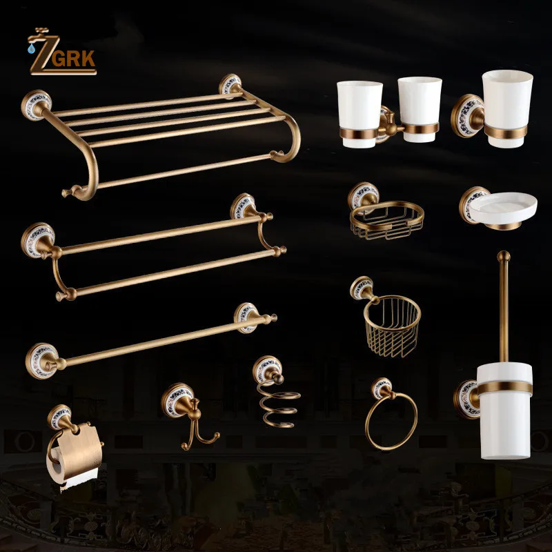 

Antique Bathroom Accessories Carved Brass Hardware Wall Mounted Towel Bar Paper Holder Cloth Hook Bathroom Hardware Kit