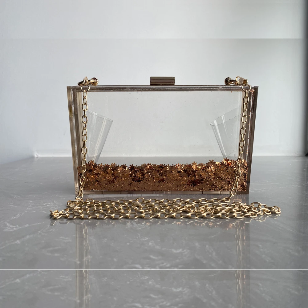 Linkidea Pochette trasparente da donna, in acrilico trasparente, approvata dallo stadio, borsa a tracolla da sera con 2 catene staccabili, Oro, Small