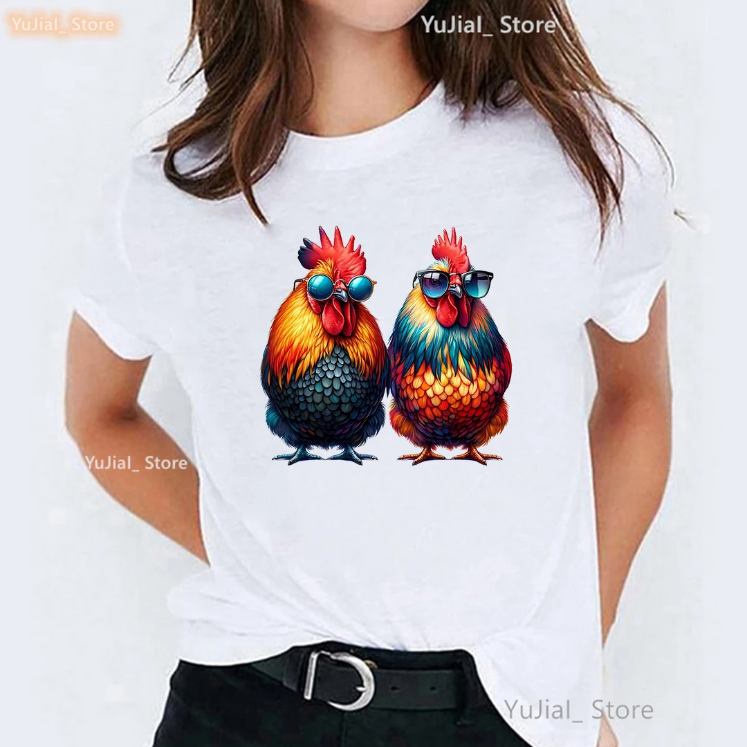 Aquarell cooles Huhn gedruckt T-Shirt Frauen Kleidung Sommer Mode T-Shirt Femme Harajuku Kawaii Shirt lustige T-Shirt – Detail 3