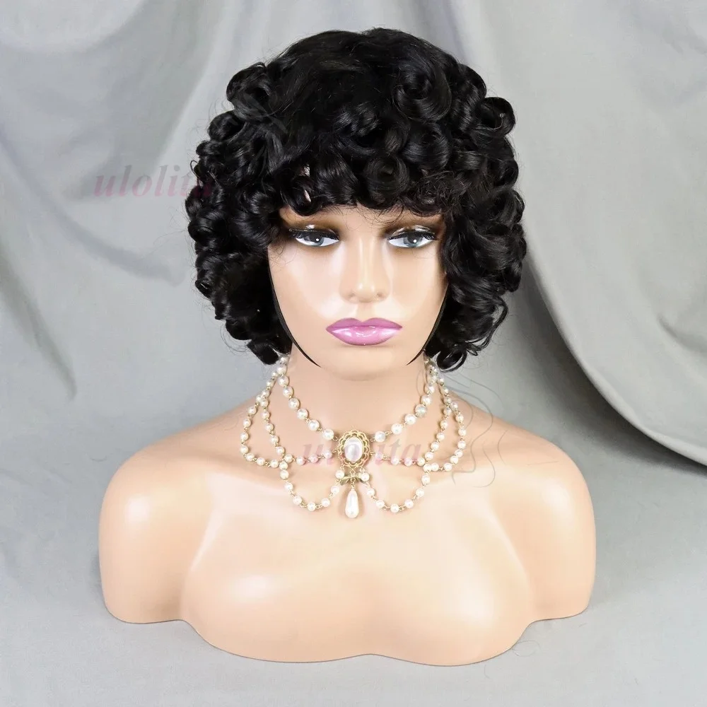 Pronto da indossare Funmi Parrucca corta riccia piena fatta a macchina con frangia Parrucche per capelli umani vietnamiti ricci sciolti senza colla per le donne 3