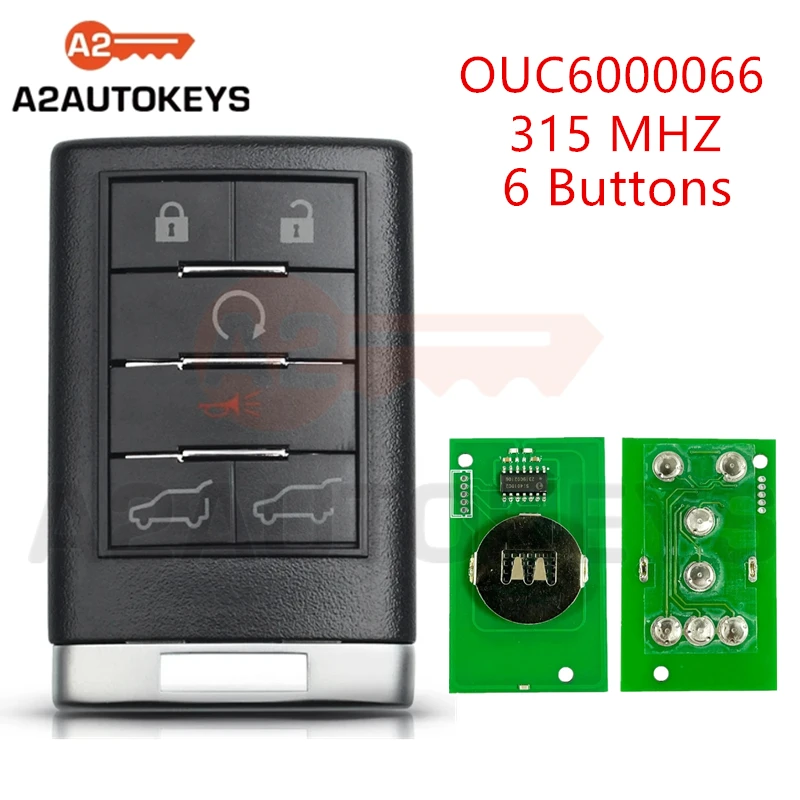 A2AUTOKEYS OUC6000066 6Buttons 315MHZ Remote Smart Control Car Key For Cadillac 2007 2008 2009 2010 2011 2012 2013 2014 Escalade