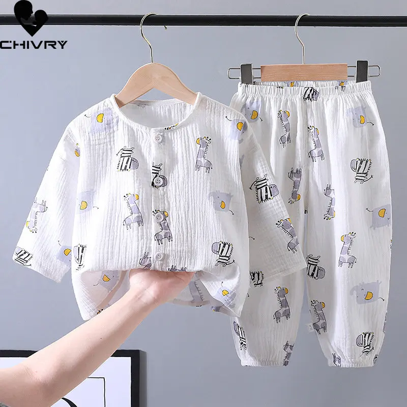 Kids Boys Girls Pajamas 2023 Summer Cotton Linen Thin Cartoon Three-quarter Sleeve Tops with Pants Baby Sleeping Clothing Sets