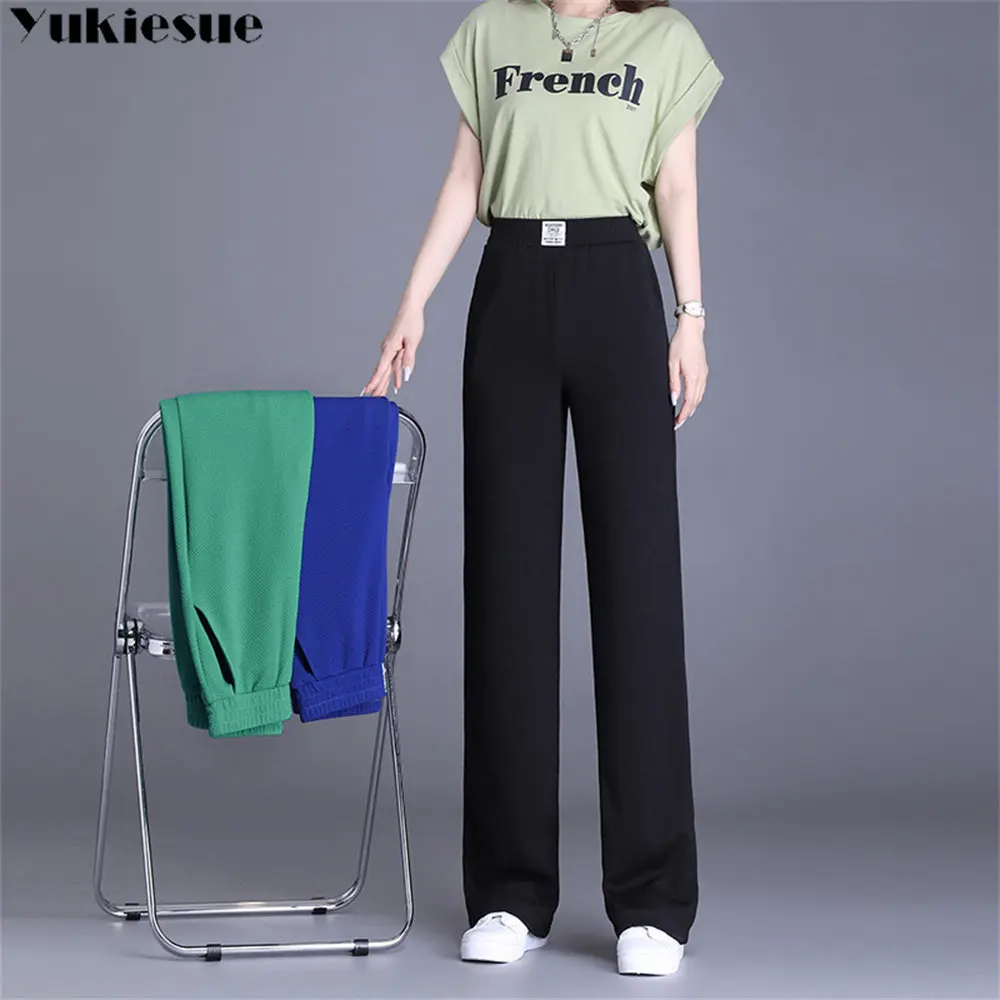 

2022 New Summer Casual High Waist Elastic Loose Vertical Straight Knitted Women's Pants Ice Silk Wide Leg Pants Women's Pants