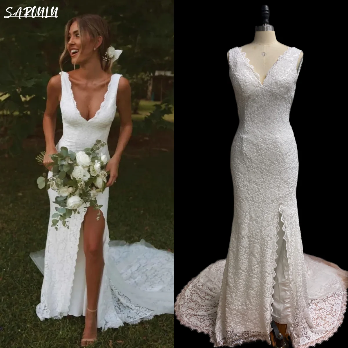 

Modern Lace Wedding Dress Sexy Slit Mermaid Bridal Gown Backless Romantic Court Train Bride Dresses vestidos de novia