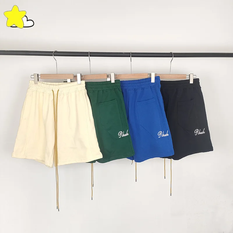 

Casual Hip Hop Logo Embroidery Rhude Shorts Men Women 100% Cotton Long Drawstring Back Pockets RHUDE Breeches Green Blue Apricot