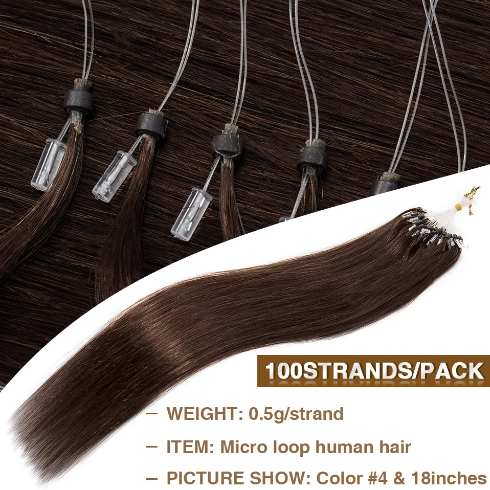 S-noilite 0.5g Micro Loop Hair Extensions Human Hair Microlink Micro Ring 100 Strands/Pack Black Brown Straight Natural