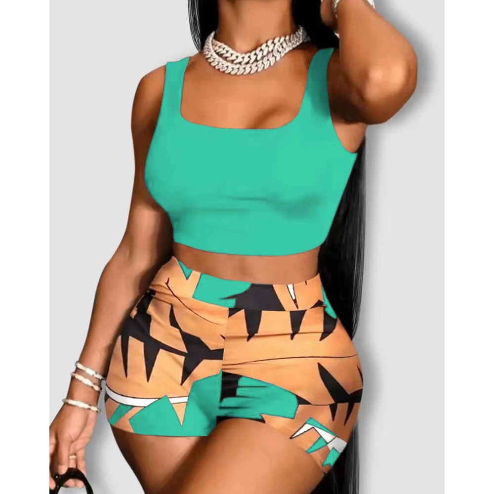 Summer Casual Sleeveless 2 Pieces Suit Set Outfits Women O-Neck Cami Crop Top & Geometric Print Shorts Sets Vacation y2k Clothes