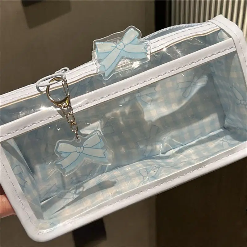 핑크 체크무늬 이중 레이어 투명 필통 고급 학생용 대용량 문구 보관 가방 인스 스타일