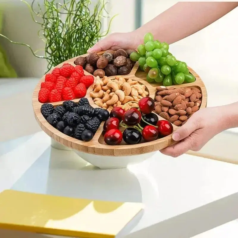 Party Snack Tray Wooden Fruit Basket Wooden Thickened Snacks Breakfast Holder Multi-compartments Round Dessert Tray Home Tools