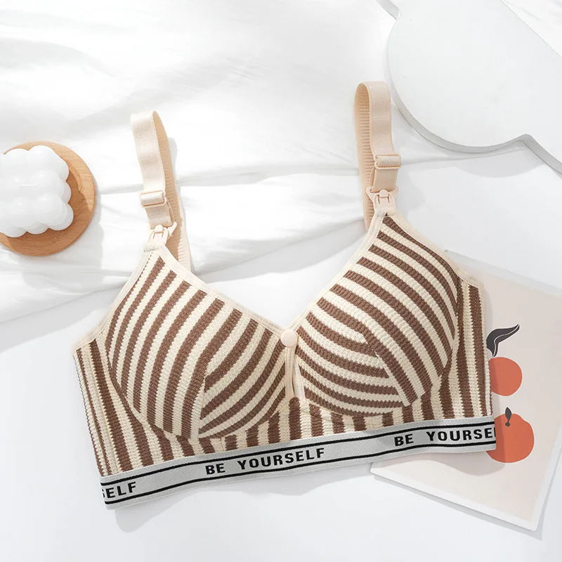 New Lightweight Breathable Maternity Breastfeeding Bra Made of Pure Cotton Gathered Anti Sagging Letter Stripe Women's Underwear 6