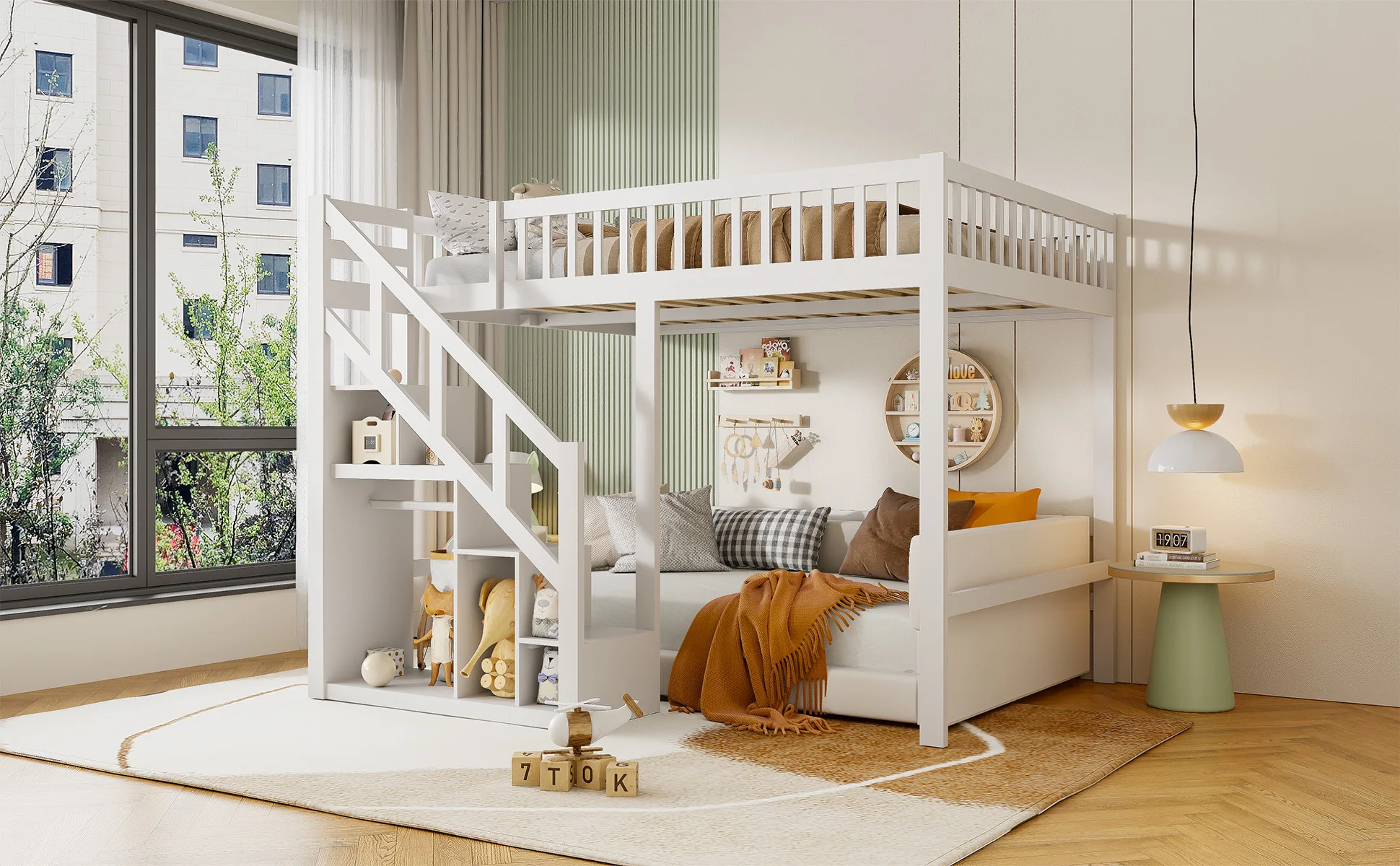 Rosahqnda Kinder-Etagenbett 90x200cm, Etagenbett mit Treppe und Aufbewahrungsschrank, Multifunktionsbett, Spielbett, ohne Matratze, Weiß – Detail 2