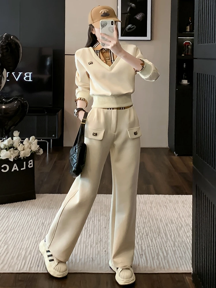 

Korean Version of European Casual Sports set for Women's Spring and Autumn new Fashionable High-end Fake two-Piece Wide leg Pant